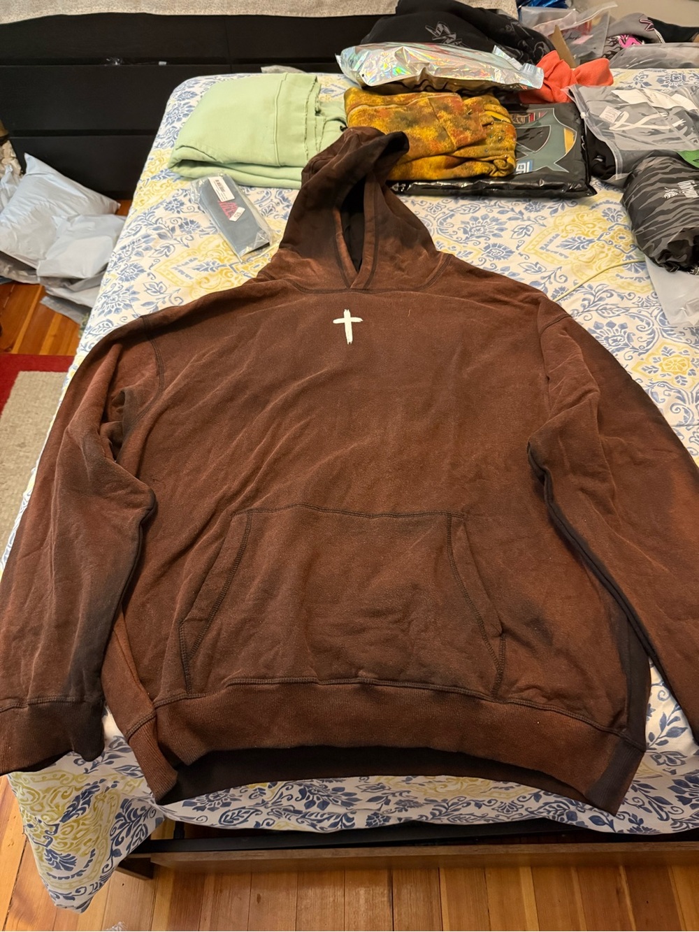 Ringspun Jesus Love You Men's Brown Hooded Sweatshirt with Cross Accent